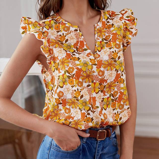 SHEIN Allover Floral Print Flutter Sleeve Popover Spring Blouse