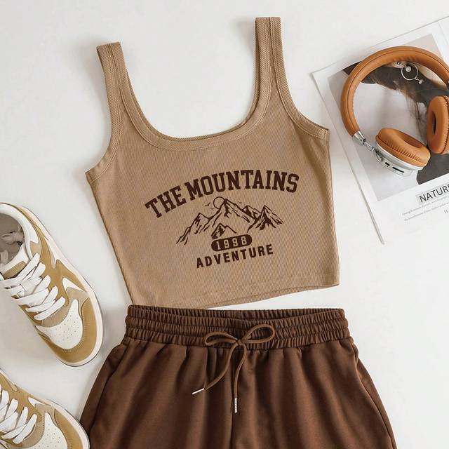 INAWLY Mountain & Letter Graphic Tank Top & Drawstring Waist Shorts