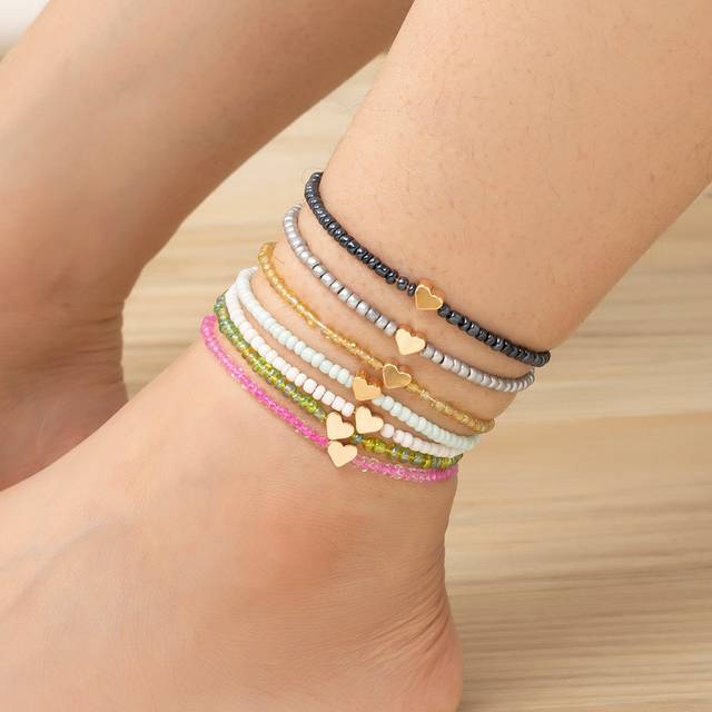 SHEIN 7pcs Bohemian Style Colorful Glass & Love Beaded Elastic Anklet For Women
