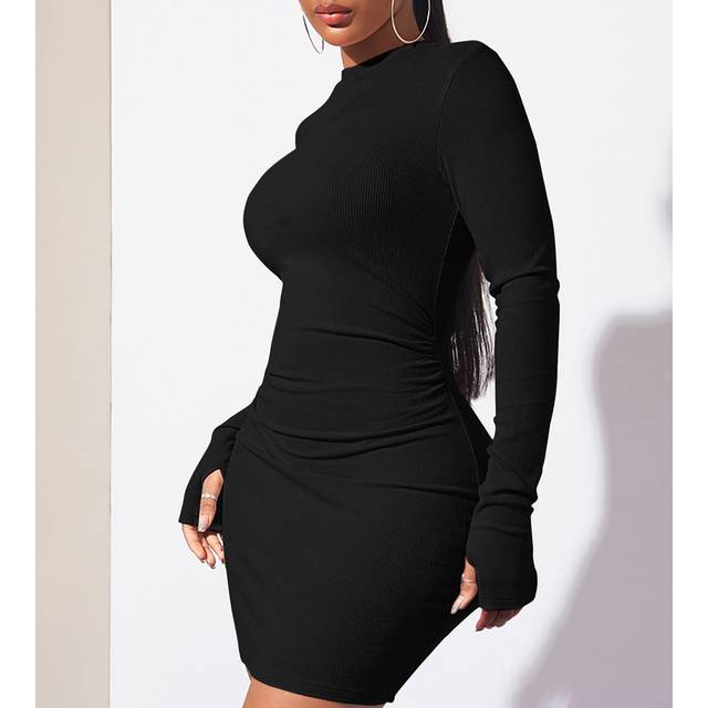 Radiana Mock Neck Ruched Bodycon Black Mini With Long Sleeves  Dress
