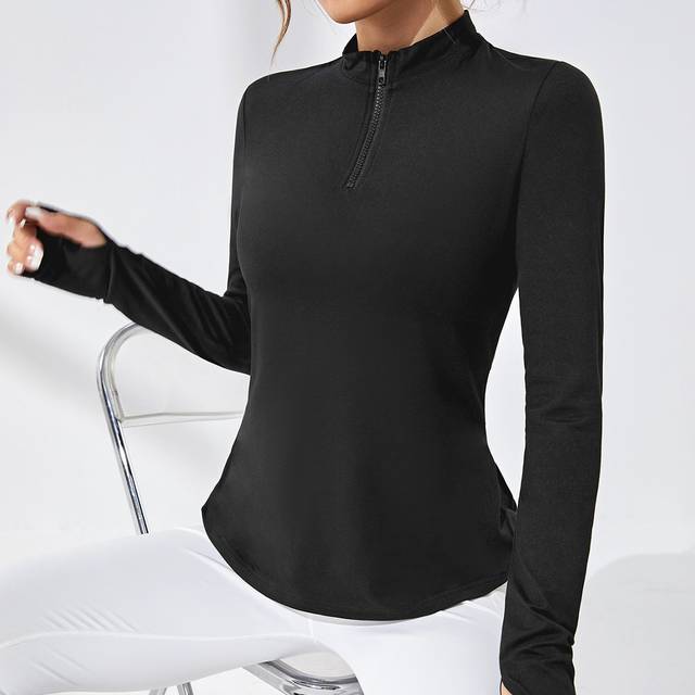 SHEIN Half Zip Thumb Holes Sports Long Sleeve Sweatshirt Black Zip Up FallÂ Sweatshirts