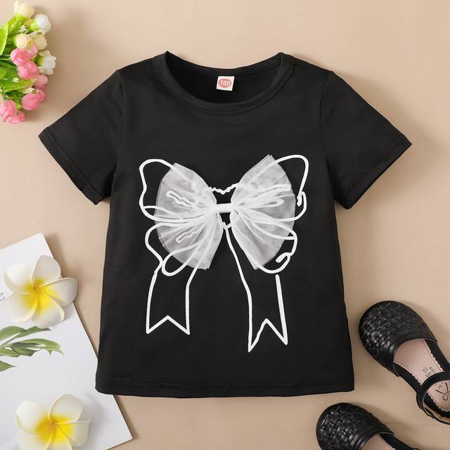SHEIN Young Girls Round Neck Milk  Short Sleeve T-Shirt With Black Edge Binding, Featuring Printed Front And White Mesh Decoration With Bows, Summer