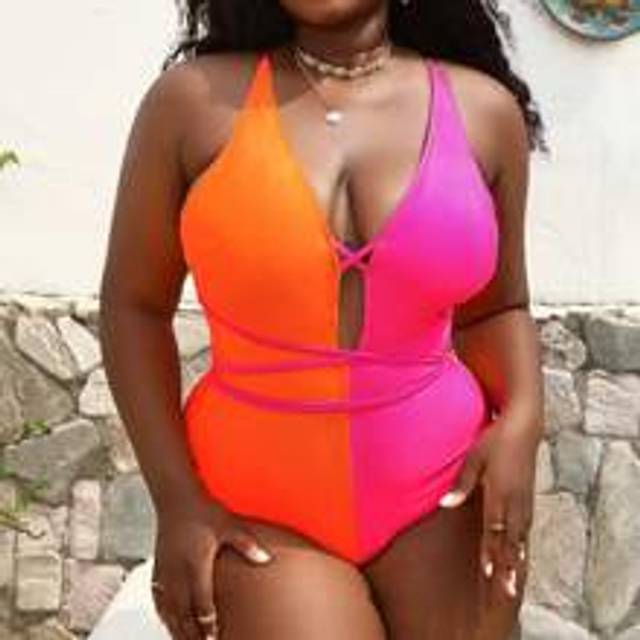 SHEIN Plus Colourblock Crisscross Tie Backless Plunge Neck One Piece Swimsuit