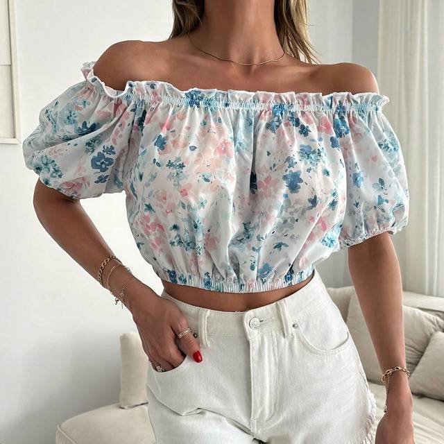 SHEIN Floral Print Off Shoulder Frill Trim Crop Blouse