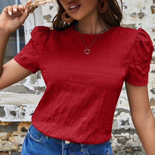 SHEIN Textured Solid Puff Sleeve Blouse,Short Sleeve Tops