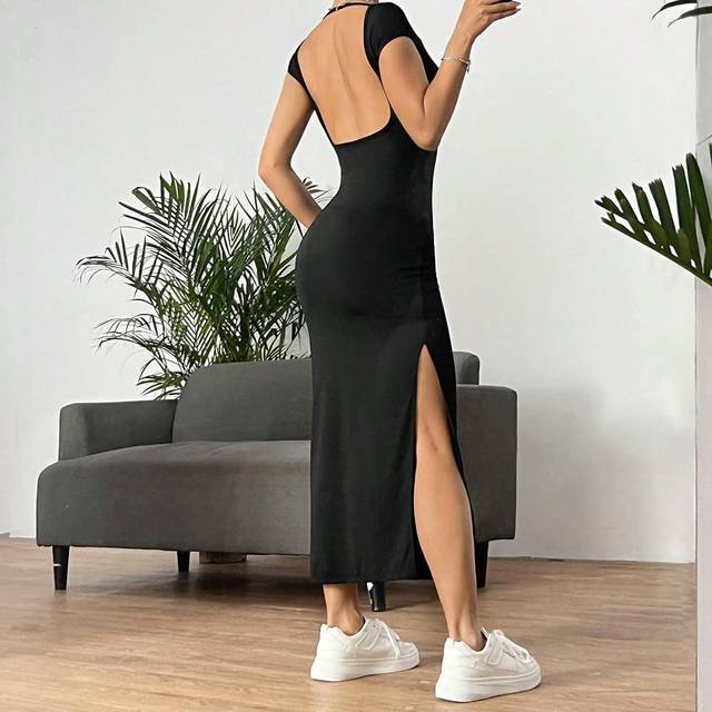 SHEIN Summer Black Solid Split Thigh Backless Bodycon Y2k Dress