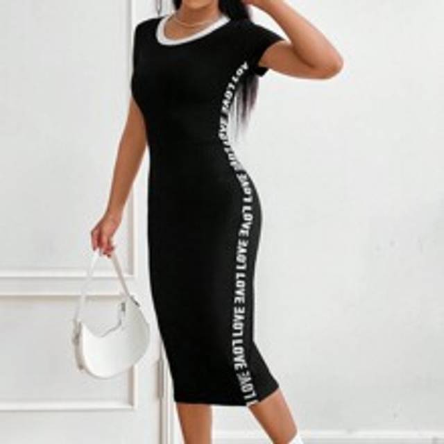 SHEIN Long Summer Dress Contrast Letter Tape Side Bodycon Black Dress,Summer Dresses For Women