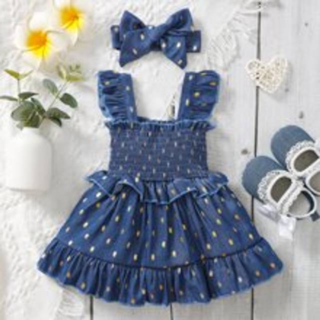 SHEIN Baby Girl Gold Dot Print Shirred Ruffle Hem Dress With Headband