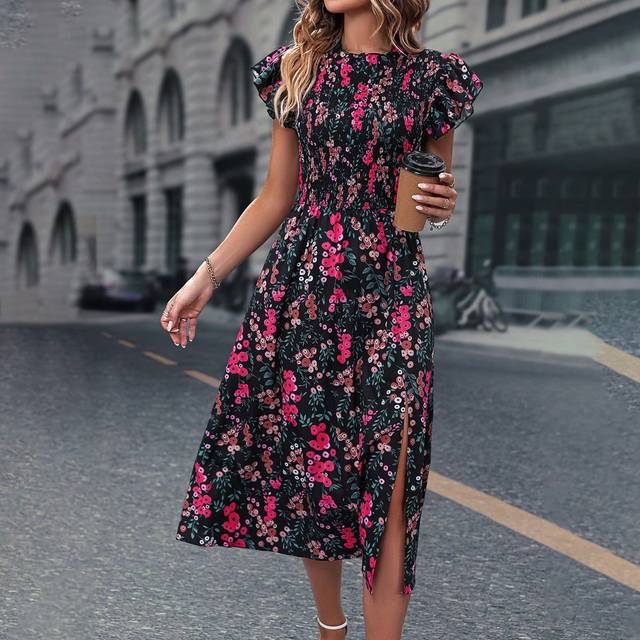 Gomorn Floral Print Butterfly Sleeve Split Thigh Dress