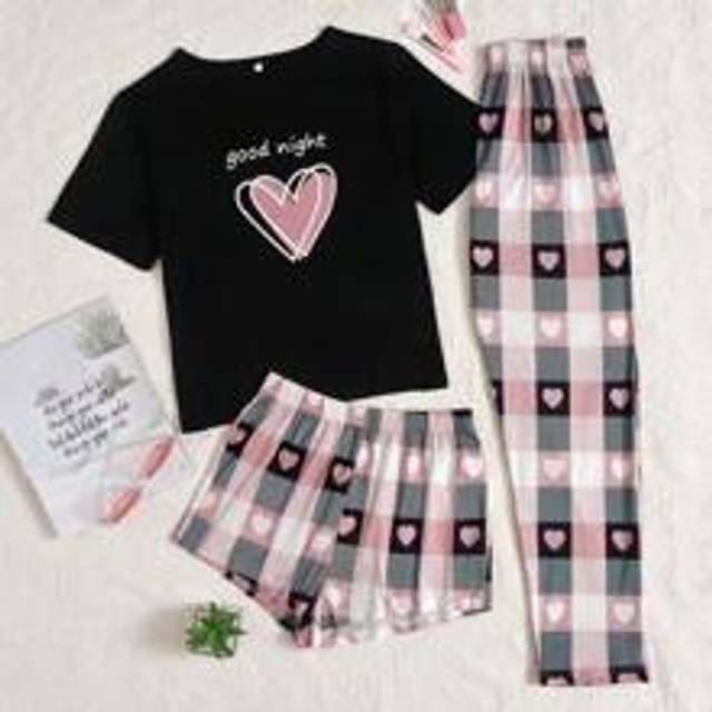 SHEIN Heart & Slogan Graphic Tee & Plaid Print Shorts & Trousers PJ Set