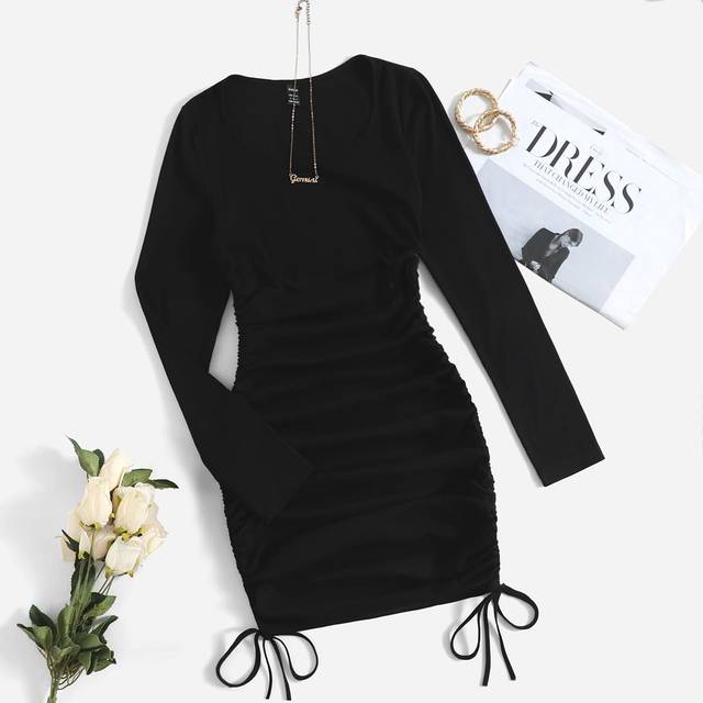 SHEIN Summer  Outfits Scoop Neck Drawstring Side Bodycon Dress