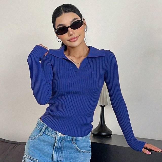 DAZY Solid Ribbed Knit Sweater,Long Sleeve Tops,Fall Clothes