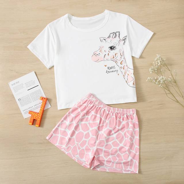 SHEIN Tween Girl Long Neck Deer Printed Pajamas Set, Including Top And Pants