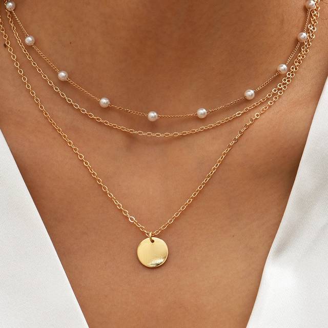 SHEIN 2pcs Multi-Layer Faux Pearl Round Disc Necklace (Random Pearl Quantity, Not Fixed)