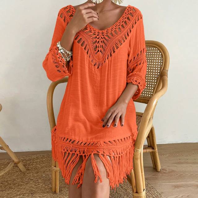 SHEIN Women&#39;s Solid Color Hollow Out Tassel Hem Cover Up