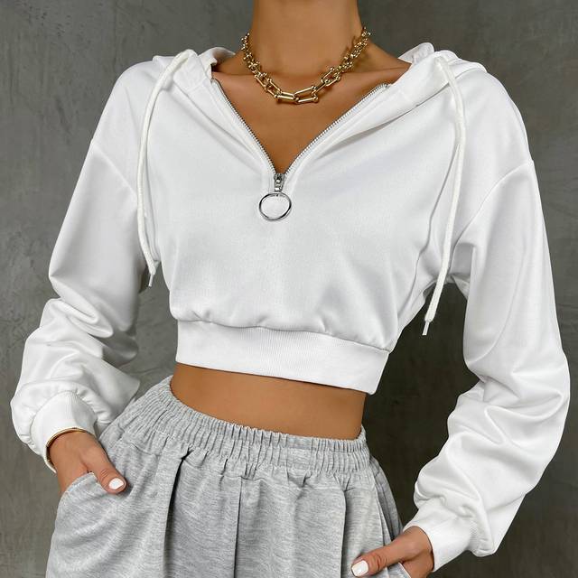 Flirla Half O-Ring Zipper Drop Shoulder Drawstring Crop Hoodie,Long Sleeve Tops Graduation,Back To School Outfits,Graduation,Teacher Outfits For Women,Back T