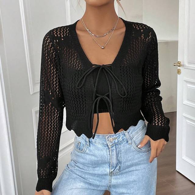 Flirla Tie Front Open Knit Cardigan