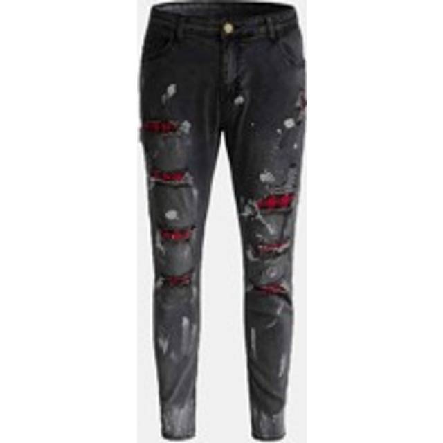 ROMWE MEN Men Cotton Contrast Plaid Ripped Jeans, School