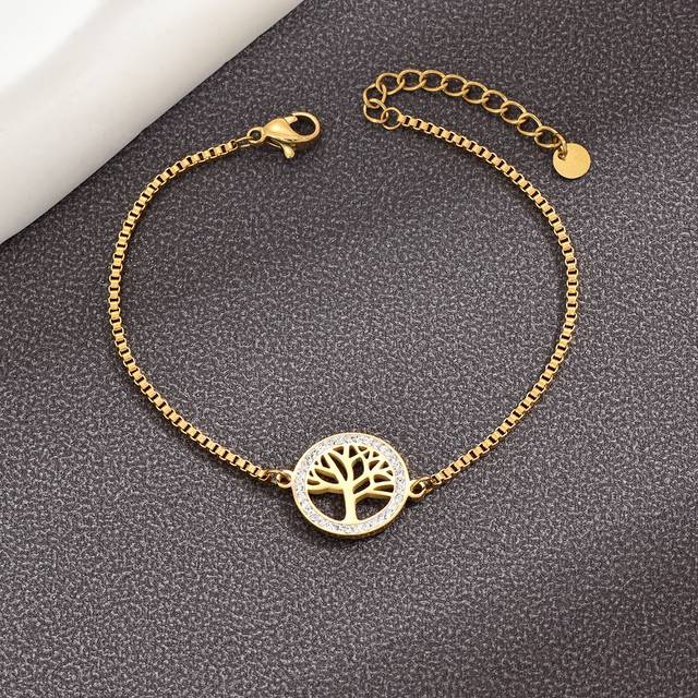 SHEIN A European-Style White Enamel Diamond Tree Of Life Fashion Light Luxury Women&#39;s Stainless Steel Bracelet Suitable For Daily Wear