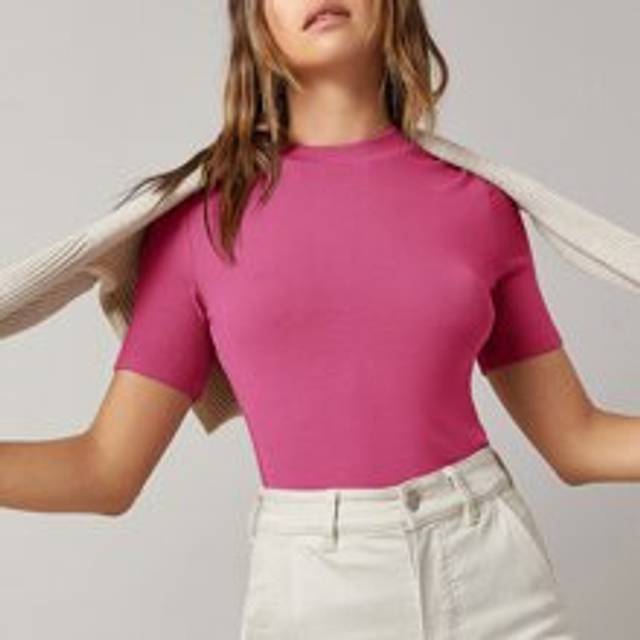 Rib-Knit Slätt Grunderna T-Shirt - Rosa (L,M,S,XL,XS,XXL)