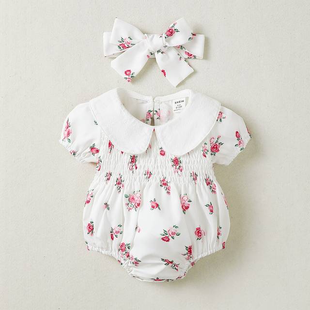 SHEIN Baby Girl Floral Print Shirred Puff Sleeve Bodysuit