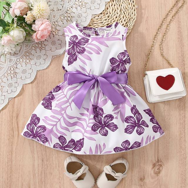 SHEIN Baby Girl Tropical Print Keyhole Back Belted Dress