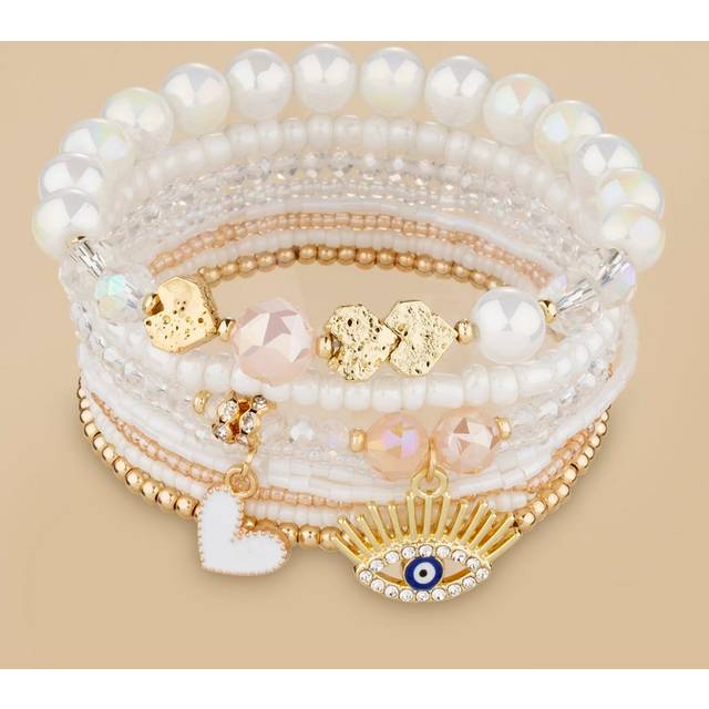 SHEIN 8pcs Bohemian Style Glass Seed Beads & Crystal Stringed Bracelet Decorated With Evil Eye Pendant