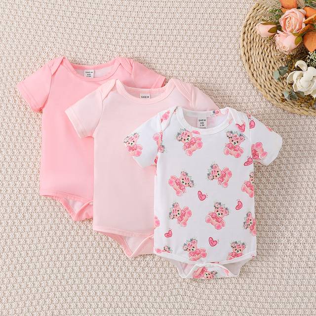 SHEIN 3pcs/Pack Newborn Casual Cute Bear Print Short Sleeve Romper, Multi-Color Combination, Suitable For Outing And Home Leisure, Spring/Summer