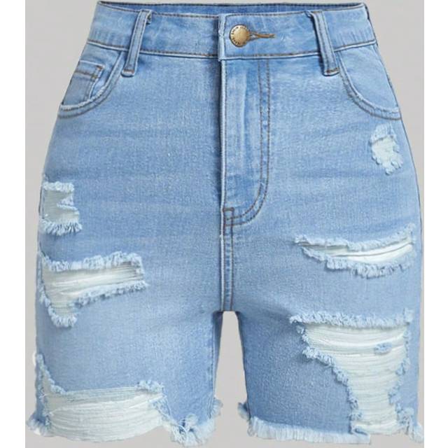 SHEIN Teen Girls Ripped Raw Hem Denim Shorts