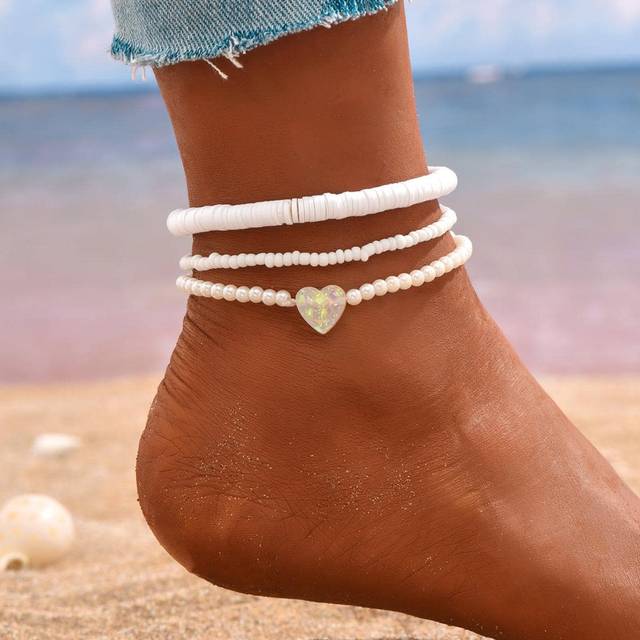 SHEIN 3pcs/Set Fashionable Soft Ceramic Rice Beads Faux Pearl & Heart Charm Anklet Set(Random Color), Suitable For Women&#39;s Daily Wear Valentines