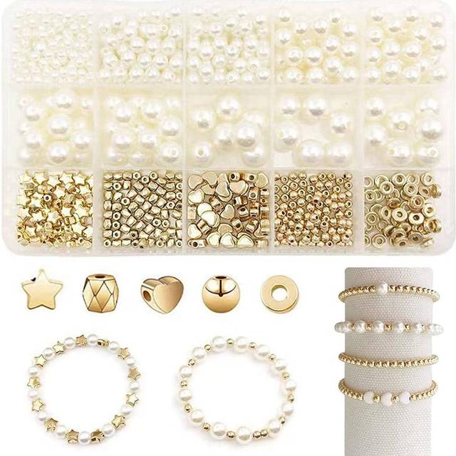 SHEIN 720pcs Faux Pearl Beads And Gold Silver Plated Spacer Beads For Bracelets Making, CCB Assorted Gold Beads, Star Beads, Heart Beads, Bow Pendant,Pearls
