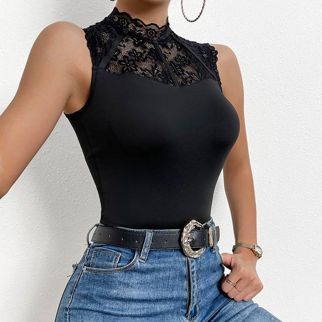 RosyDaze Contrast Lace Mock Neck Tank Top