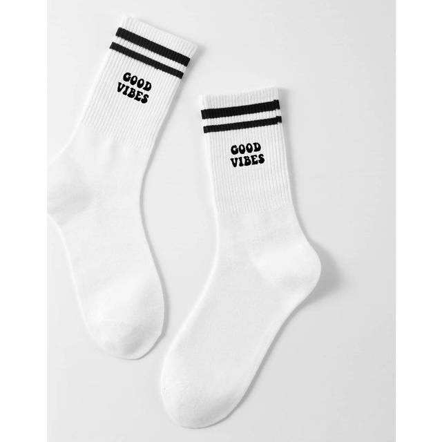 SHEIN 1 Pair Men/Women/Couples/Students&#39; Double Strips &#39;Good Vibes&#39; Printed Soft & Comfortable Mid-Calf Sports Socks, Suitable For Students Back To School S