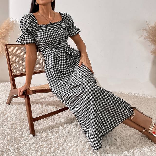 Square Neck Gingham Print Volangärm bältad klänning Maxi Vacation Beach Outfits Kvinnor - Svart och Vitt (L,M,S,XS)