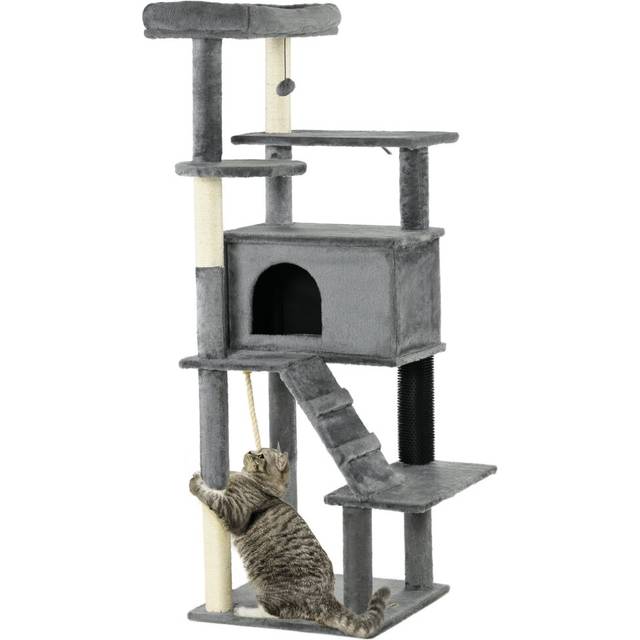 PawHut Cat Tree Tower for Indoor Cats with Scratching Post - House - Toy - Grey | TJ Hughes White