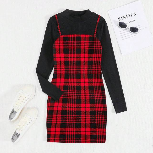 SHEIN Teen Girl Plaid Print 2 In 1 Dress for Christmas
