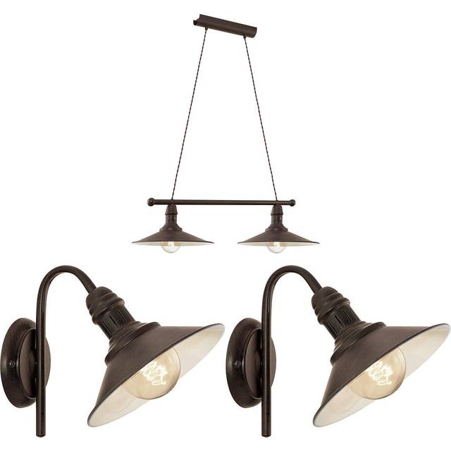 Ceiling Pendant Light & 2x Matching Wall Lights Antique Metal Shade Vintage
