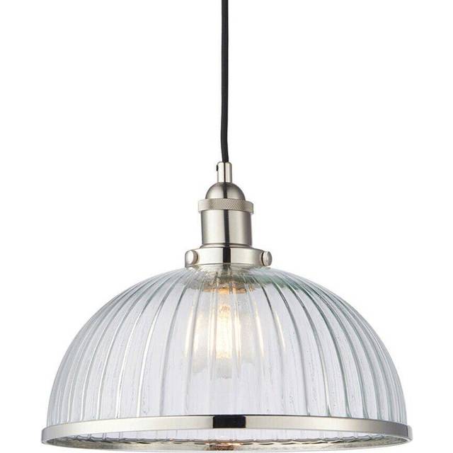 Hanging Ceiling Pendant Light Nickel & RIBBED GLASS Dome Bowl Lamp Shade Holder