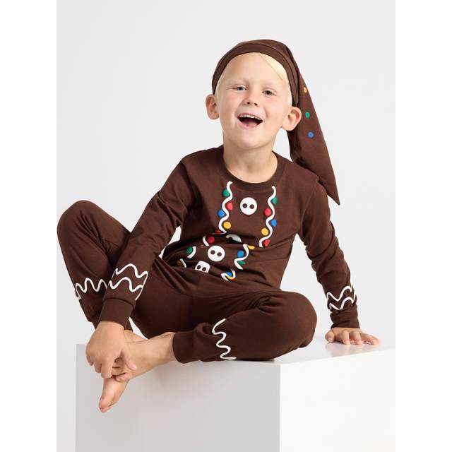 Lindex Kids' Cotton Christmas Gingerbread Man Pyjamas & Hat, Dark Brown