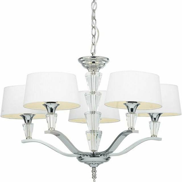 5 Light Ceiling Pendant CHROME & VINTAGE WHITE Round Shade Hanging Feature Lamp