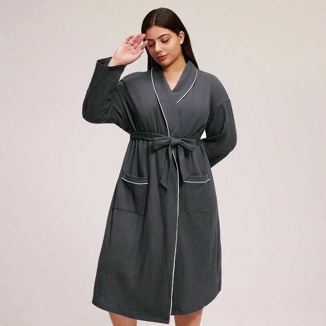 LUVLETTE Women Plus Dark Grey Waffle Knit Long Robe With Tie Night Gown Women  Bath Robe