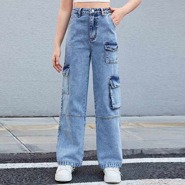 SHEIN Teen Girls Flap Pocket Cargo Jeans