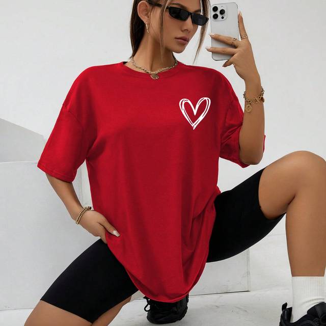 INAWLY Heart Print Drop Shoulder Oversized Tee Graphic Tees Women Tops