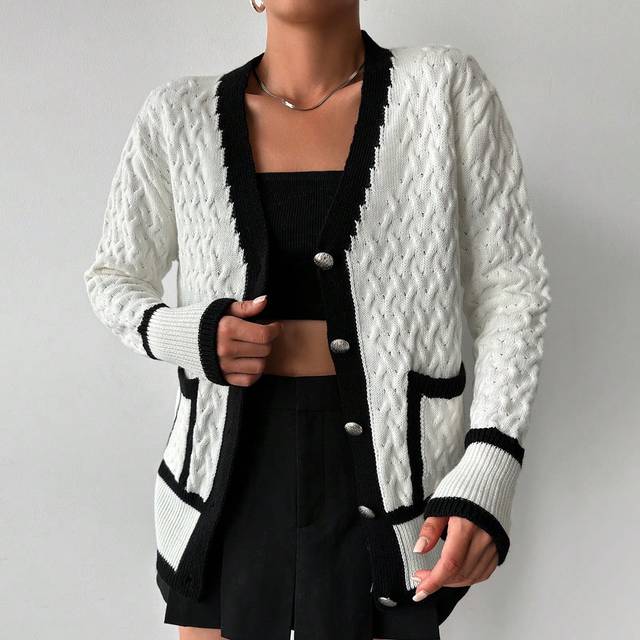 SHEIN Contrast Trim Button Front Dual Pocket Cardigan