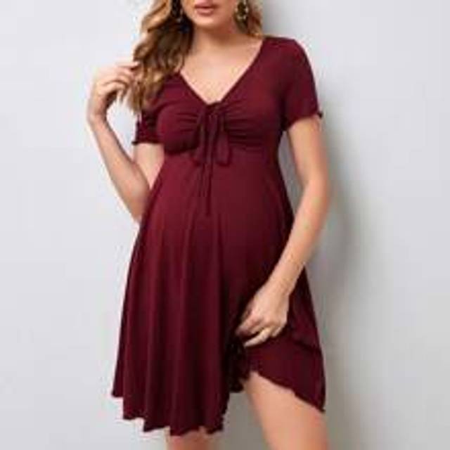 SHEIN Maternity Drawstring Front Lettuce Trim Dress