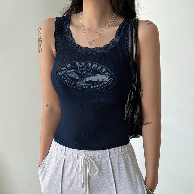 DAZY Eagle & Letter Graphic Lace Trim Tank Top