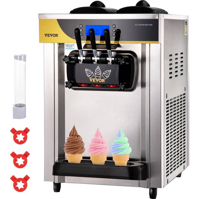 VEVOR kommersiell glassmaskin, 22-30L/H kapacitet, 2200W Bänkskiva mjuk serveringsmaskin med 2x6L Hopper 2L Cylinder LCD-panel Puffing Brist Larm, Frozen Yoghurt Maker för restaurang Snack Bar, Silver