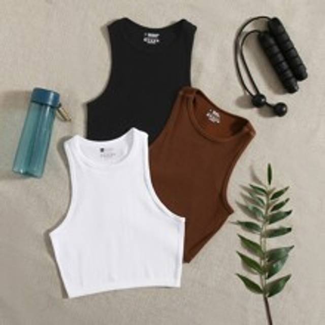 SHEIN 3pcs Rib-Knit Sports Tank Top Workout Tank Tops Fitted Shirt