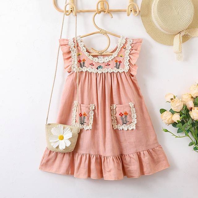 SHEIN Young Girl Floral Embroidery Ruffle Trim Smock Dress