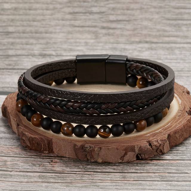 SHEIN 1pc Multilayer Braided Pu Leather & Beaded Bracelet For Men